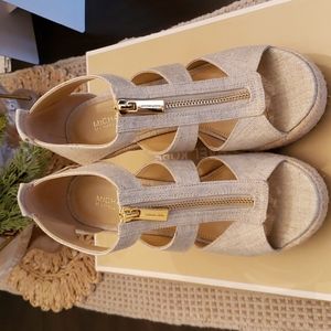 Michael Korea metallic gold linen wedge sandals